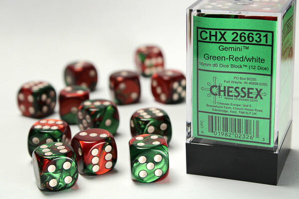 Chessex Dés 12d6 16mm Gemini vert/rouge avec points blancs 601982023263