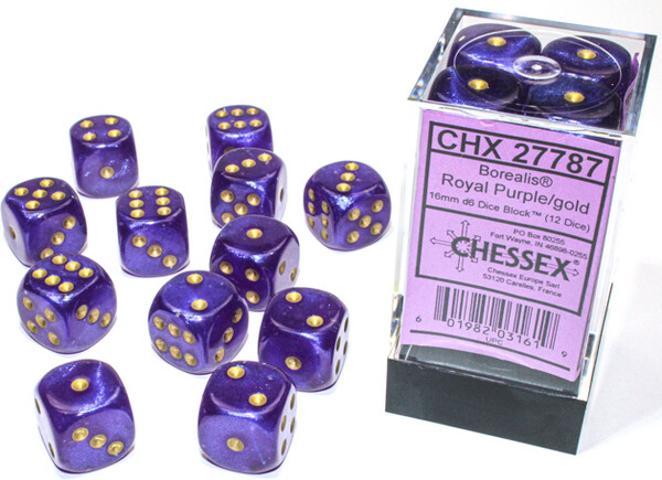 Chessex Dés 12d6 16mm Borealis Luminary - Violet Royal avec picots dorés 601982031619