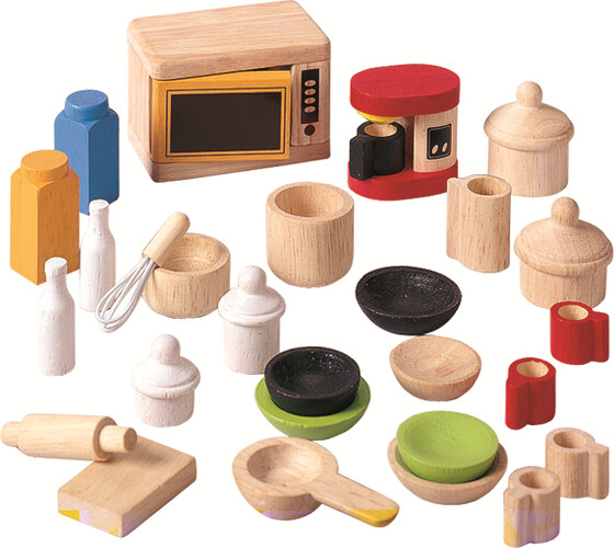 PlanToys Meubles de maison de poupée accessoires de cuisine en bois, ensemble de 28 8854740094063