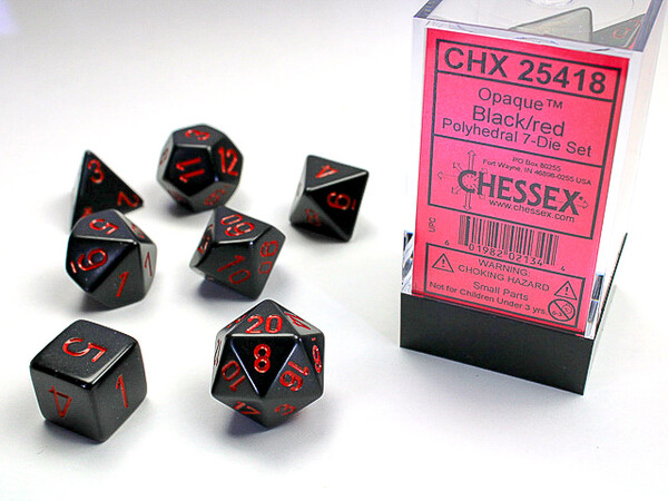 Chessex Dés d&d 7pc opaques noir avec chiffres rouges (d4, d6, d8, 2 x d10, d12, d20) 601982021344