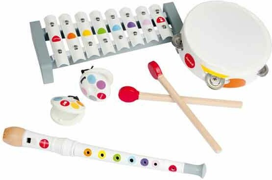 Janod Ensemble musical Confetti (xylophone en métal, tambourin avec des cymbales, flûte, paire de castagnettes) 3700217376000