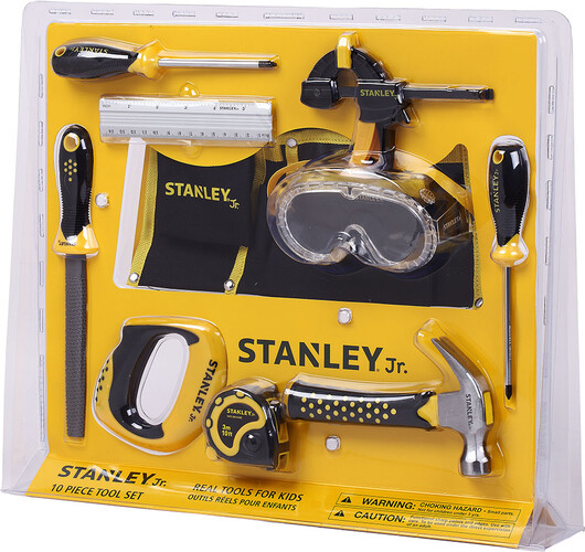 Stanley Jr. Stanley Jr. Ensemble de 10 outils pour enfants, ceinture porte-outils, tournevis Phillips no.1 et no.2, marteau, gallon à mesurer, serre-joint, lime, scie à main, règle, lunettes de protection 878834003319