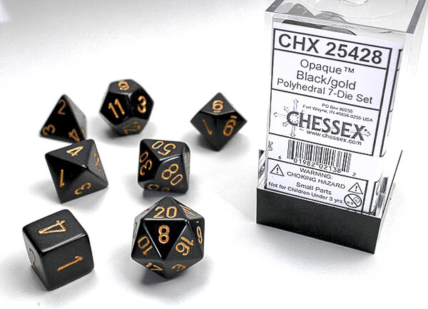 Chessex Dés d&d 7pc opaques noir avec chiffres dorés (d4, d6, d8, 2 x d10, d12, d20) 601982021382