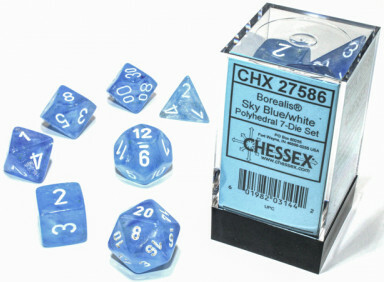 Chessex Dés d&d 7pc Borealis Luminary Bleu Ciel avec chiffres blancs (d4, d6, d8, 2 x d10, d12, d20) 601982031442