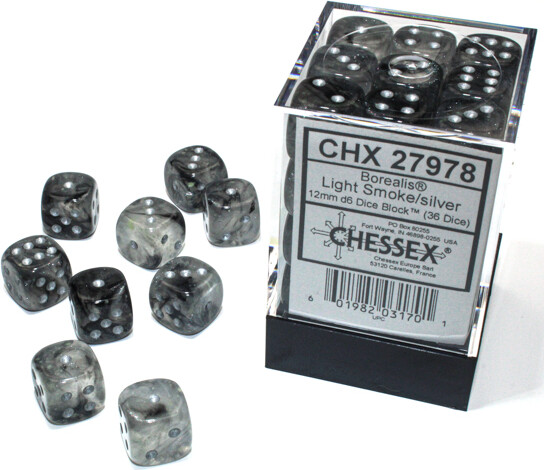 Chessex Dés 36d6 12mm Borealis Luminary - Fumée avec picots argent 601982031701