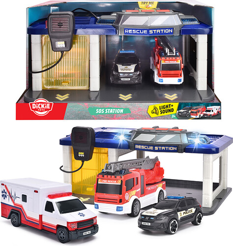 Dickie Toys Station de sauvetage avec voiture de police, camion de pompiers et ambulance, jouet interactif pour enfants à partir de 3 ans