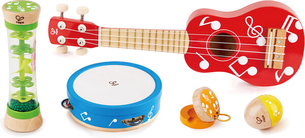 Hape Ensemble d'instruments de musique (ukulélé, tambourin, castagnettes, hochet, bâton de pluie) 6943478021884