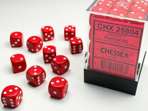 Chessex Dés 36d6 12mm opaque rouge avec points blancs 601982021962