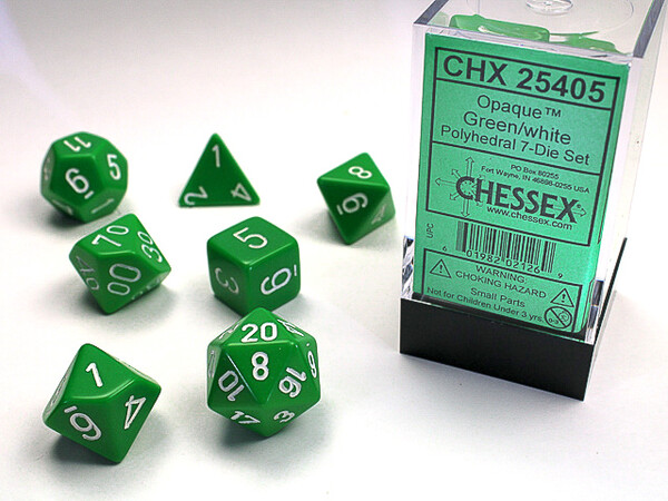 Chessex Dés d&d 7pc opaques vert avec chiffres blancs (d4, d6, d8, 2 x d10, d12, d20) 601982021269