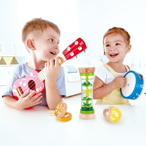 Hape Ensemble d'instruments de musique (ukulélé, tambourin, castagnettes, hochet, bâton de pluie) 6943478021884