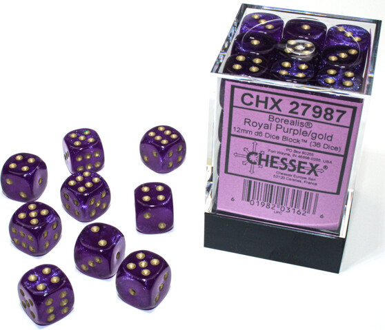 Chessex Dés 36d6 12mm Borealis Luminary - Violet Royal avec picots dorés 601982031626