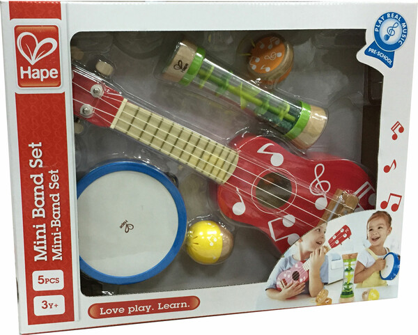 Hape Ensemble d'instruments de musique (ukulélé, tambourin, castagnettes, hochet, bâton de pluie) 6943478021884