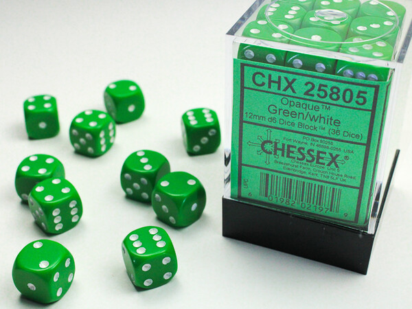 Chessex Dés 36d6 12mm opaque vert avec points blancs 601982021979