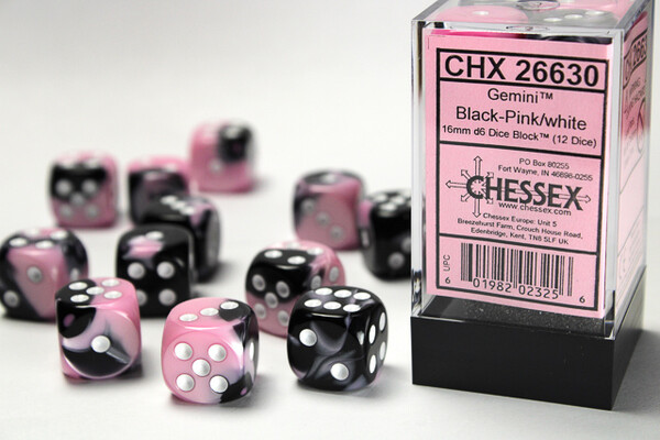 Chessex Dés 12d6 Gemini noir/rose avec points blancs 16mm (12 x d6) 601982023256