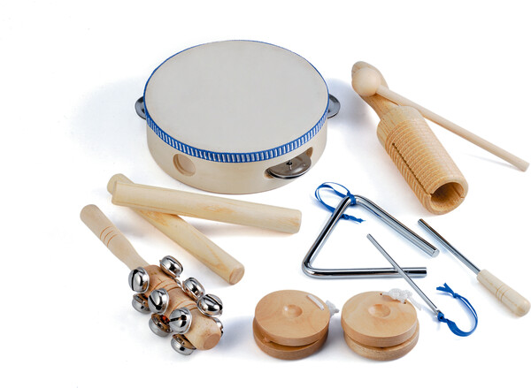Instruments de musique, tambourine, triangle, jingle stick, 2 castagnettes, grelots, claves, güiro 573598866186
