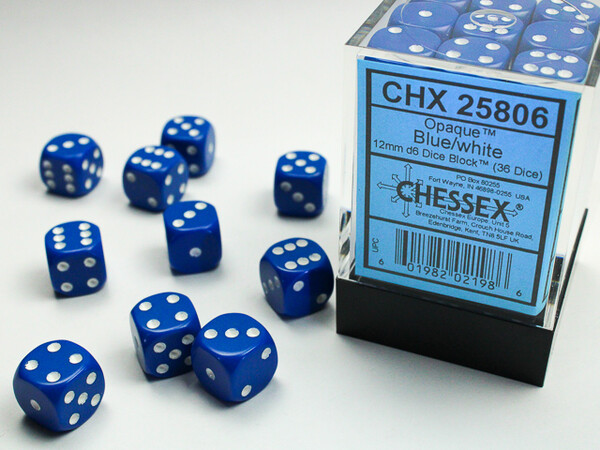 Chessex Dés 36d6 12mm opaque bleu avec points blancs 601982021986