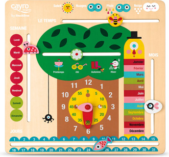 Cayro Calendrier en bois, horloge pour l'apprentissage de l'heure et des mois (fr/en) 8422878981076