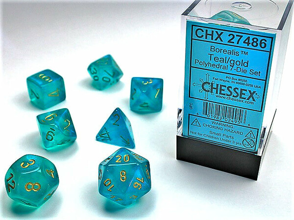 Chessex Dés d&d 7pc Borealis turquoise avec chiffres dorés (d4, d6, d8, 2 x d10, d12, d20) 601982024956