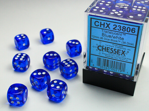 Chessex Dés 36d6 12mm transparents bleu avec points blancs 850365002191