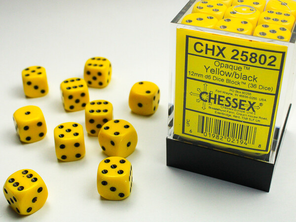 Chessex Dés 36d6 12mm opaques jaune avec points noirs 601982021948