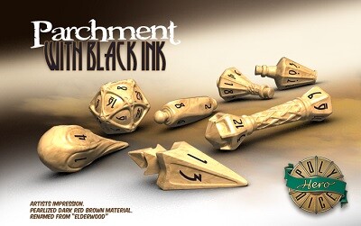 PolyHero Dice Dés d&d 7pc Polyhero Dice Wizard Parchment with Black Ink (d4, d6, d8, 2 x d10, d12, d20) 602573148020