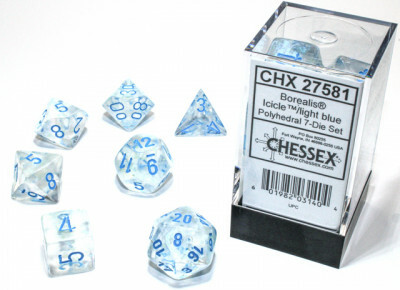 Chessex Dés d&d 7pc Borealis Luminary Glaçons avec chiffres bleus (d4, d6, d8, 2 x d10, d12, d20) 601982031404