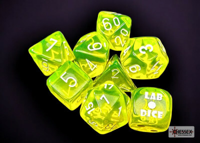 Chessex Dés d&d 7pc Lab Dice - Translucides jaunes néon avec chiffres blancs (d6 bonus) 601982040314