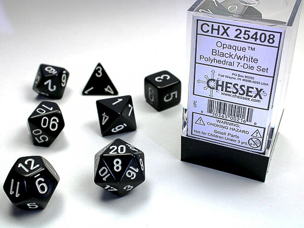Chessex Dés d&d 7pc opaques noir avec chiffres blancs (d4, d6, d8, 2 x d10, d12, d20) 850365002160