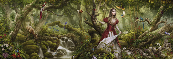 Heye Casse-tête 1000 Cris Ortega - Femme fée avec les oiseaux de la forêt (Forest Song), panorama 4001689298692
