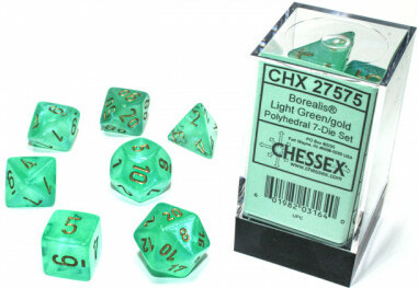 Chessex Dés d&d 7pc Borealis Luminary Vert pâle avec chiffres dorés (d4, d6, d8, 2 x d10, d12, d20) 601982031640