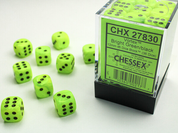 Chessex Dés 36d6 12mm vortex vert pétant avec points noirs 850365002177