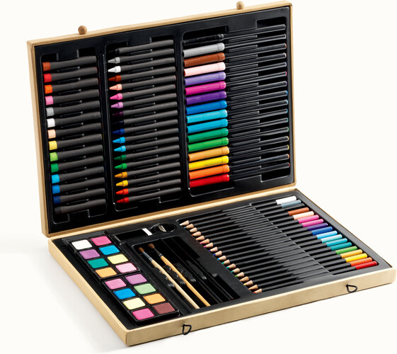 Djeco Coffret artistique (fr/en) grande boite de couleurs, crayons de couleurs, feutres, craies de cire, pastels, peintures à l'aquarelle et plus 3070900097506