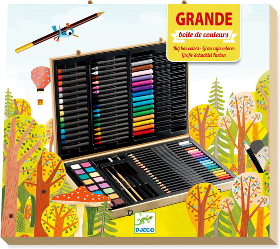 Djeco Coffret artistique (fr/en) grande boite de couleurs, crayons de couleurs, feutres, craies de cire, pastels, peintures à l'aquarelle et plus 3070900097506