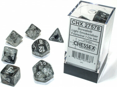 Chessex Dés d&d 7pc Borealis Luminary Gris fumée avec chiffres argent (d4, d6, d8, 2 x d10, d12, d20) 601982031688