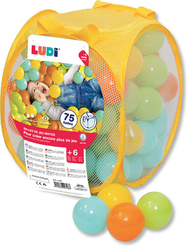 LUDI Balles de plastique mixtes (75) avec sac refermable, pour piscine à balles 3550839927988