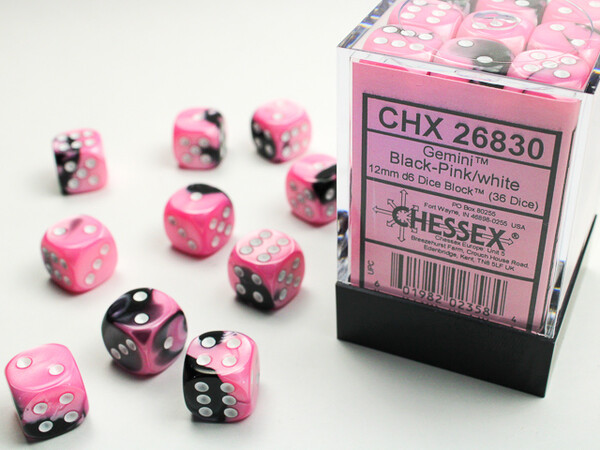 Chessex Dés 36d6 12mm Gemini noir/rose avec points blancs 601982023584