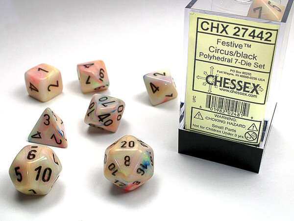 Chessex Dés d&d 7pc Festive (Circus) avec chiffres noirs (d4, d6, d8, 2 x d10, d12, d20) 601982024819