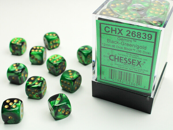 Chessex Dés 36d6 12mm Gemini noir/vert avec points dorés 601982023652