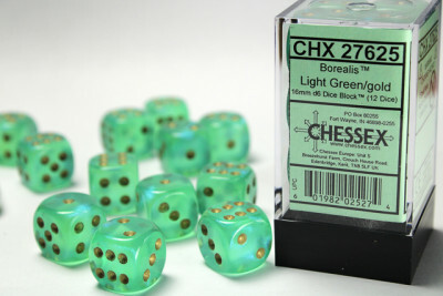 Chessex Dés 12d6 16mm Borealis vert pâle avec points argentés 601982025274