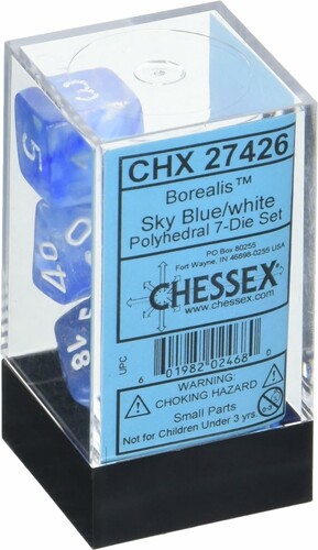 Chessex Dés d&d 7pc Borealis bleu ciel avec chiffres blancs (d4, d6, d8, 2 x d10, d12, d20) 601982024680