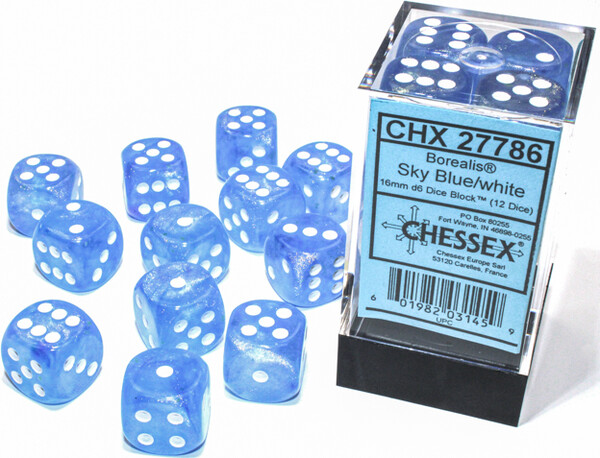 Chessex Dés 12d6 16mm Borealis Luminary - Bleu Ciel avec picots blancs 601982031459