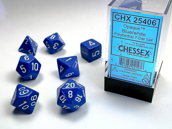 Chessex Dés d&d 7pc opaques bleu avec chiffres blancs (d4, d6, d8, 2 x d10, d12, d20) 601982021276