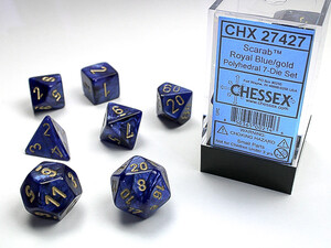 Chessex Dés d&d 7pc Scarab bleu royal avec chiffres dorés (d4, d6, d8, 2 x d10, d12, d20) 850365002146