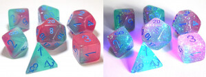 Chessex Dés d&d 7pc Lab dice Gemini Gelée Verte et Rose avec chiffres bleus (d4, d6, d8, 2 x d10, d12, d20) 601982019396