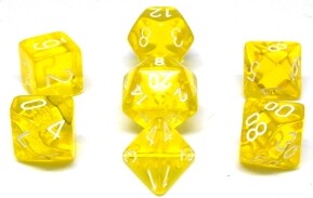 Chessex Dés d&d 7pc transparents jaune avec chiffres blancs (d4, d6, d8, 2 x d10, d12, d20) 601982009908