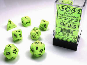 Chessex Dés d&d 7pc Vortex vert pétant avec chiffres noirs (d4, d6, d8, 2 x d10, d12, d20) 601982024710