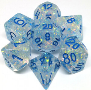 Metallic Dice Games Dés d&d 7pc flash transparents avec chiffres bleus (d4, d6, d8, 2 x d10, d12, d20) 680599383854