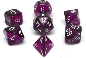 Chessex Dés d&d 7pc transparents violet avec chiffres blancs (d4, d6, d8, 2 x d10, d12, d20) 601982009953