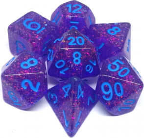 Metallic Dice Games Dés d&d 7pc flash mauve avec avec chiffres bleus (d4, d6, d8, 2 x d10, d12, d20) 680599383885