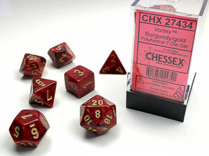 Chessex Dés d&d 7pc Vortex bourgogne avec chiffres dorés (d4, d6, d8, 2 x d10, d12, d20) 601982024741